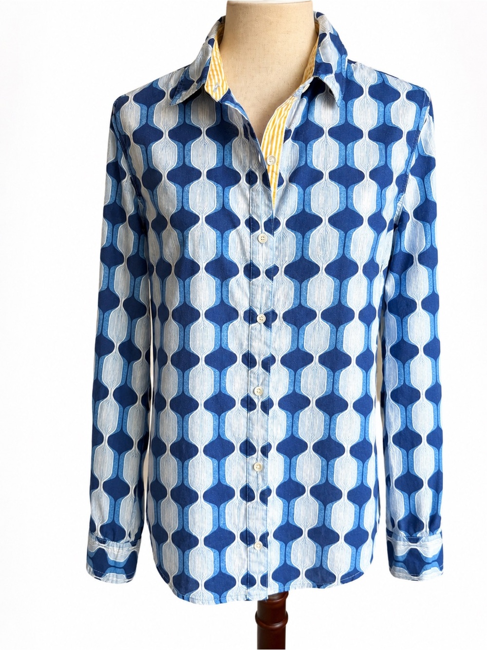 J.McLaughlin Lois Shirt SZ M Blue White Geometric Hourglass Print 100% Cotton.